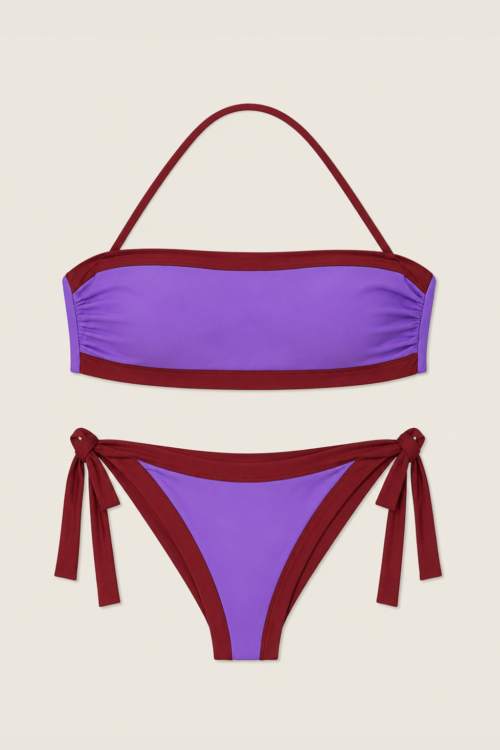 Bikini Vila Bañera lila para mujer con top bandeau y braguita de lazo ajustable, diseño elegante para playa y piscina