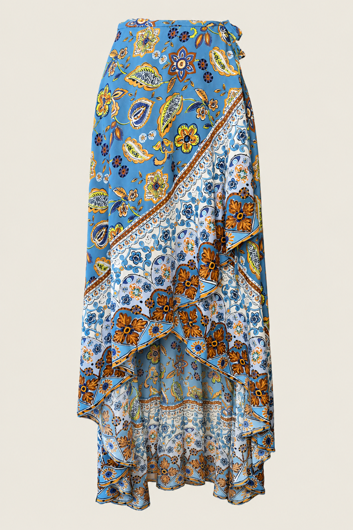 Falda larga boho de Raffaela D'Angelo con volantes, diseño envolvente y talle alto en viscosa azul paisley