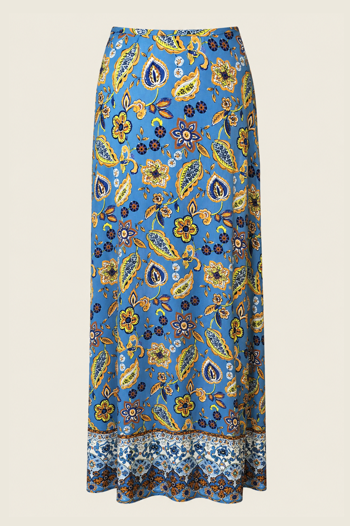 Maxi falda bohemia Raffaela D'Angelo con volantes, corte envolvente y talle alto en viscosa azul paisley en maniquí
