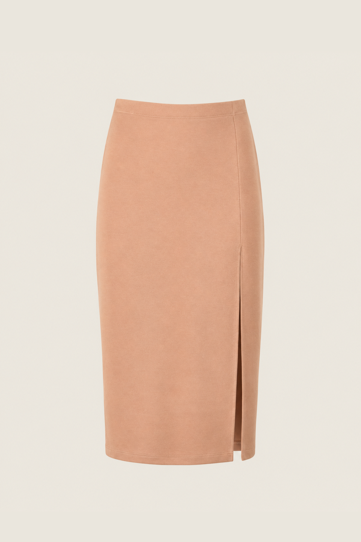 Falda midi Vila en beige arena con corte tubo y abertura lateral hasta el muslo, tejido de lana elastizada para elegancia con movimiento