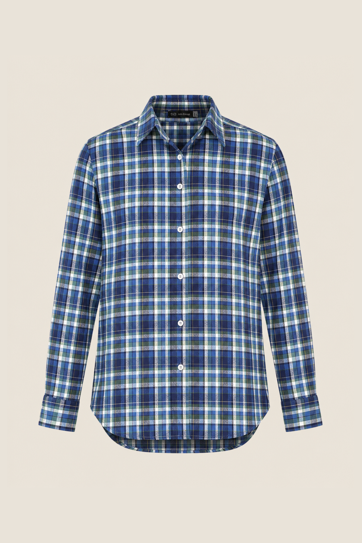 Camisa de cuadros John Eshaya en tonos azul, verde y blanco, cuello extendido y botones frontales sobre fondo neutro ideal para estilo casual refinado