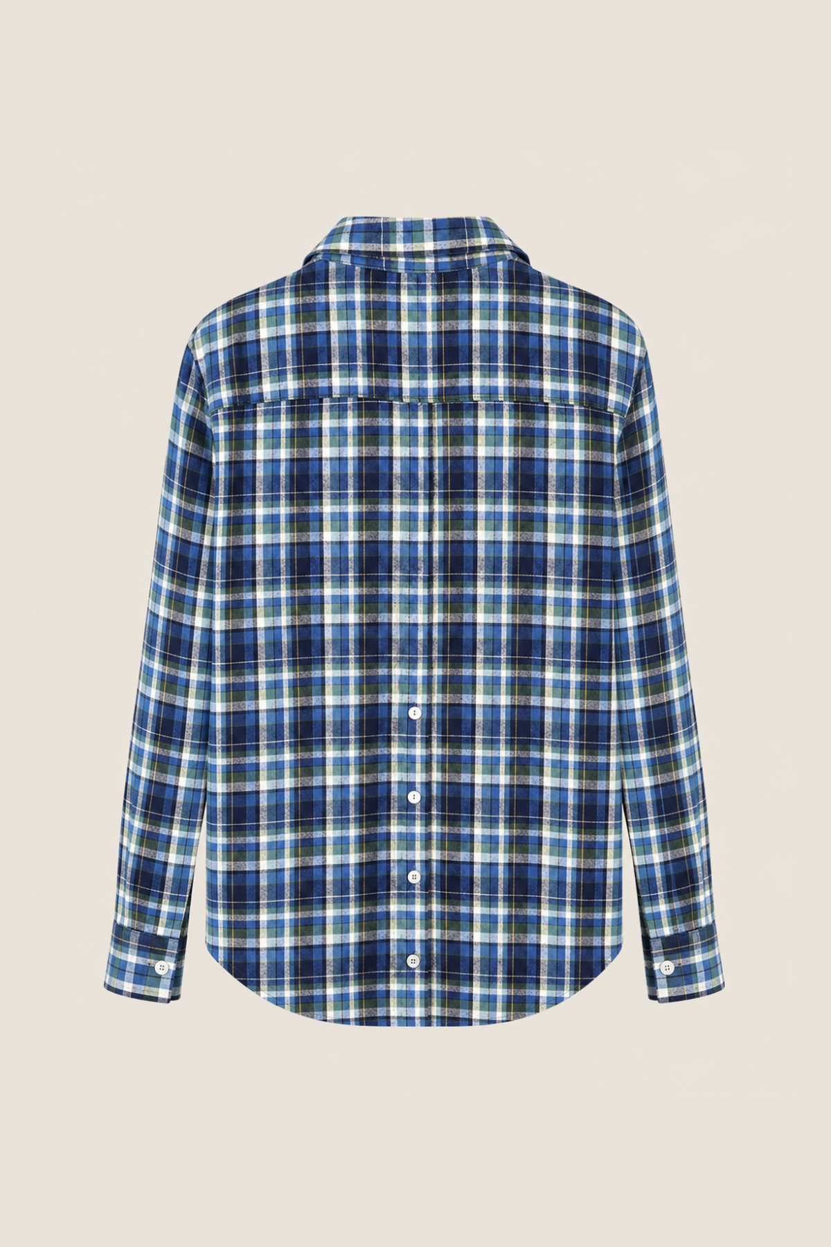 Vista trasera de la camisa plaid John Eshaya, detalle en parte superior con bordado y corte tradicional sobre fondo blanco para look sofisticado