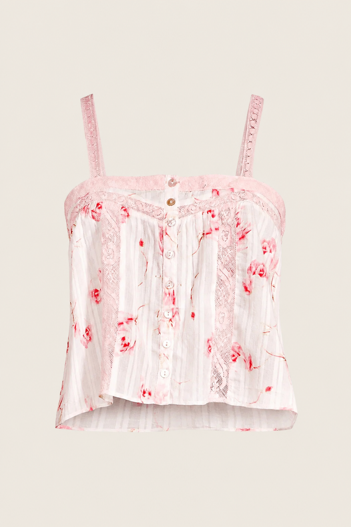 Top LoveShackFancy Maitri Cherry Soda sobre fondo blanco, mostrando su forma, color intenso y detalles bordados