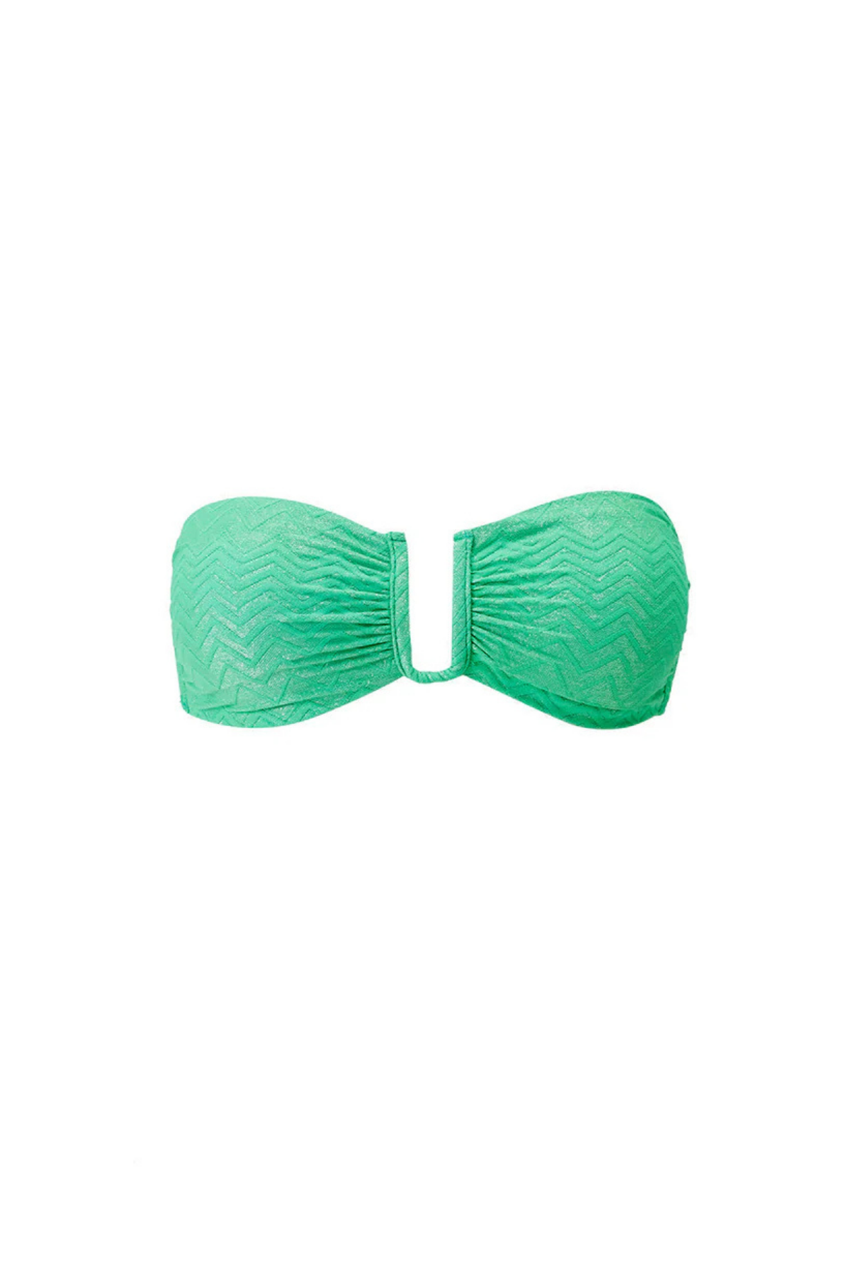 Primer plano del tejido texturizado con patrón geométrico zigzag sobre bikini verde intenso