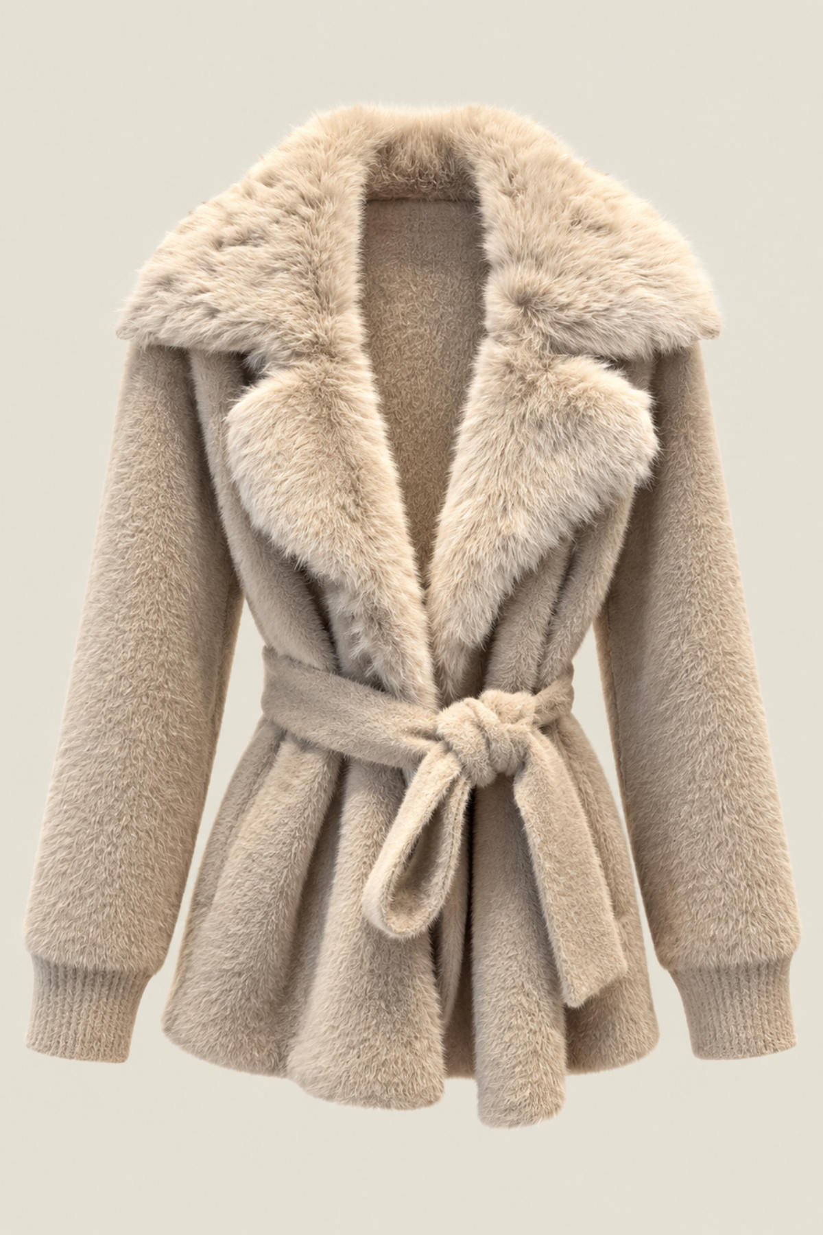 Chaqueta de pelo nude con cinturón anudado y solapas grandes