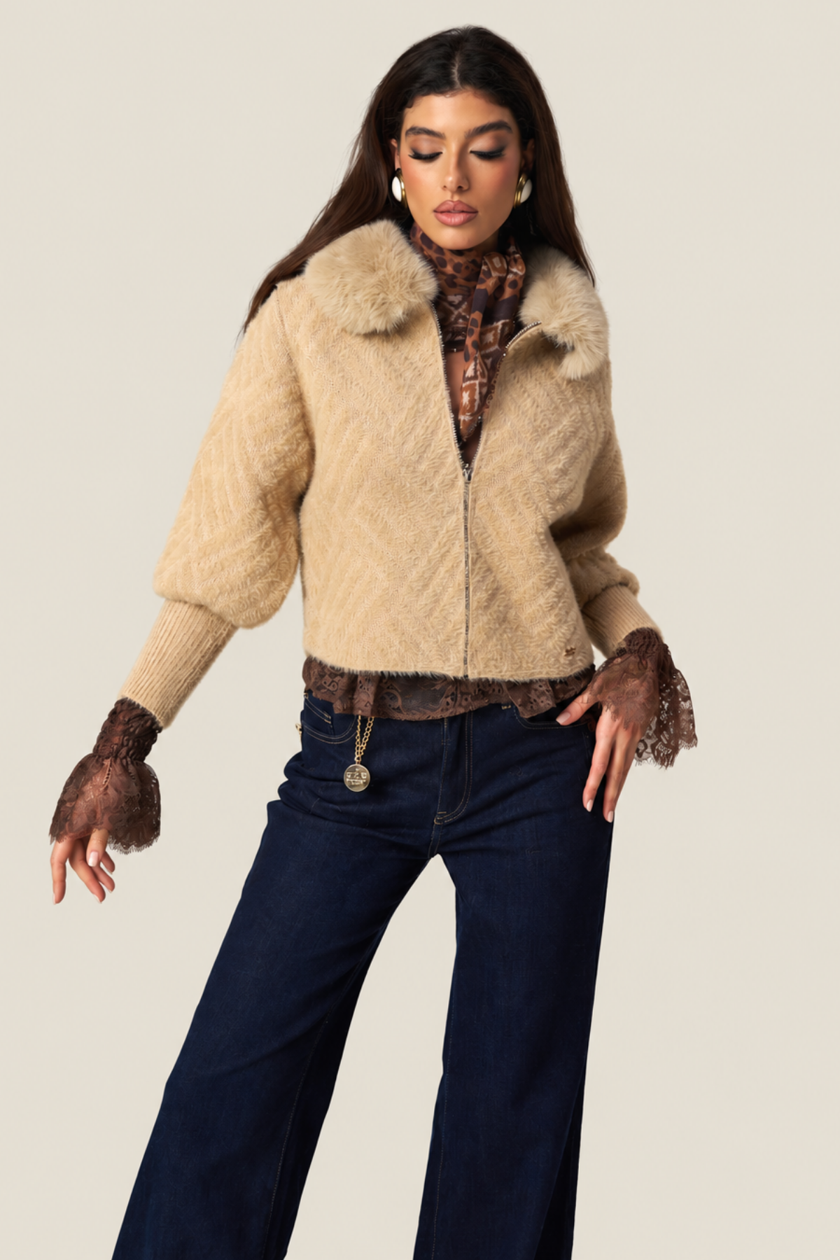 Chaqueta Camello Con Cuello De Pelo