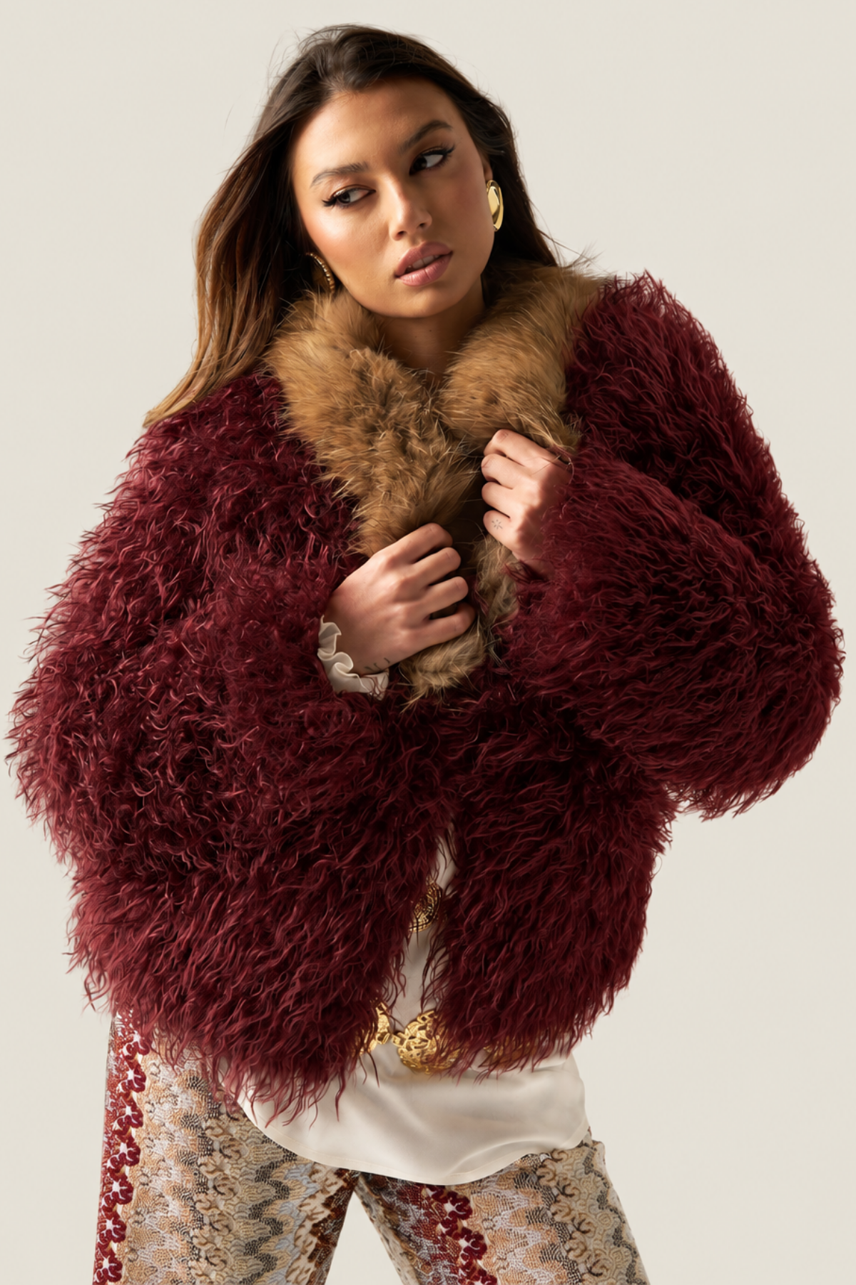 Chaqueta De Pelo Con Cuello Camel