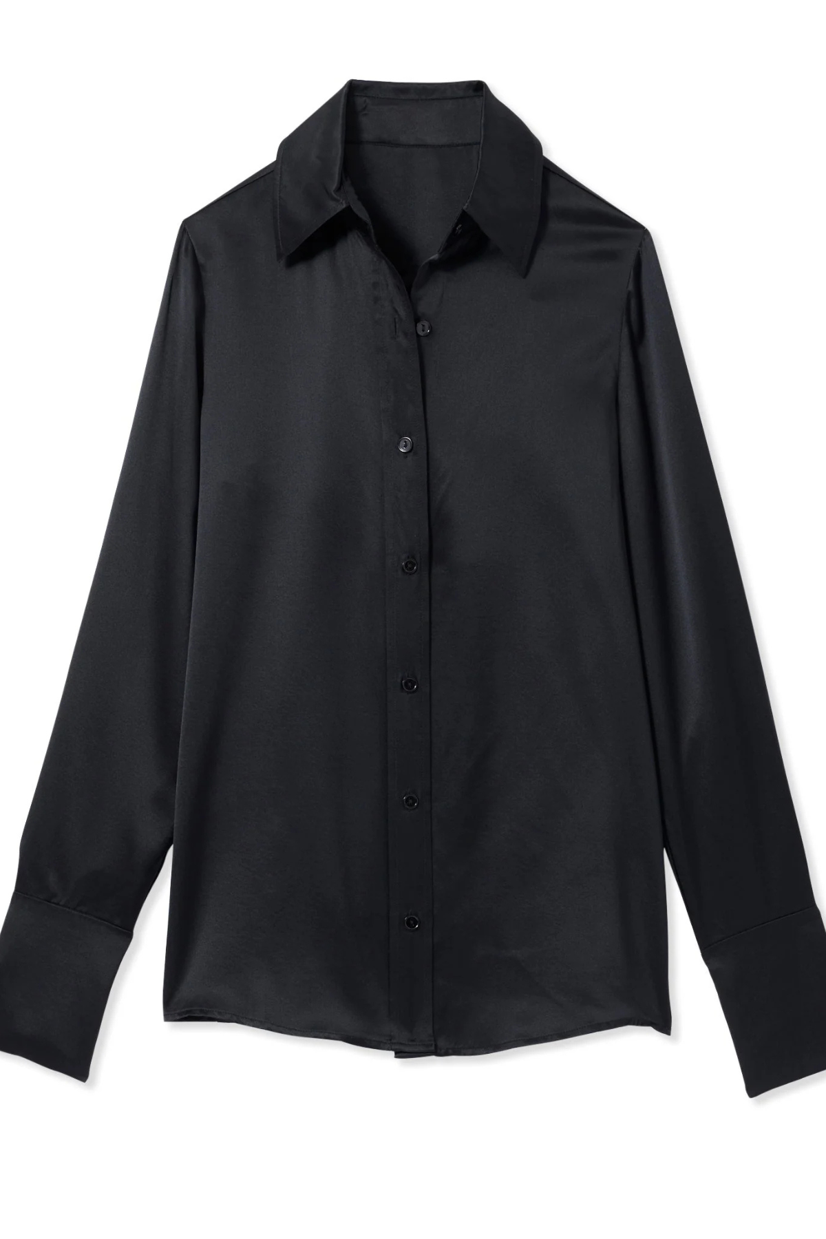 Blusa negra Ramy Brook Victoria sobre fondo blanco: satén de seda con botones y corte oversize, mostrando su silueta limpia