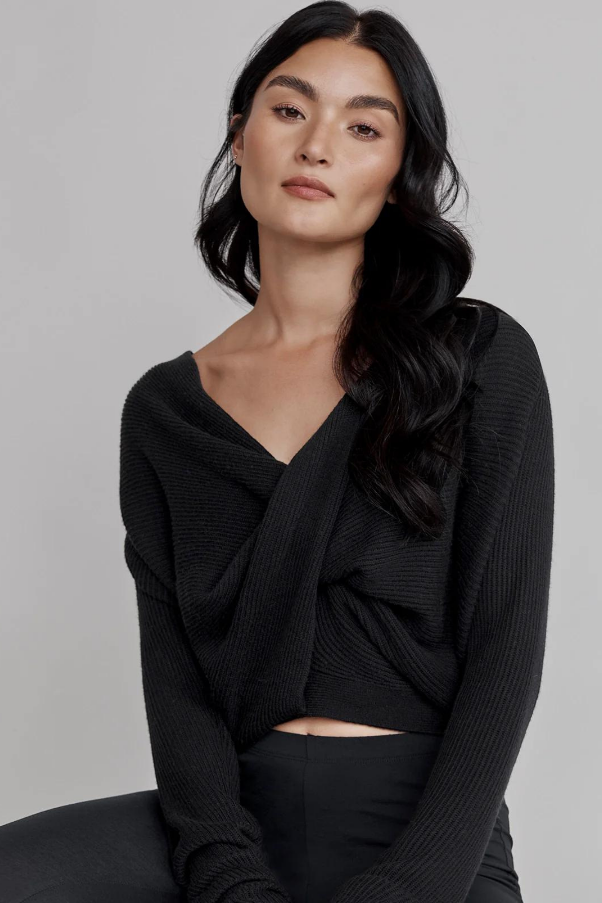 Splendid Loopknit LYR Surplice Sweater Black