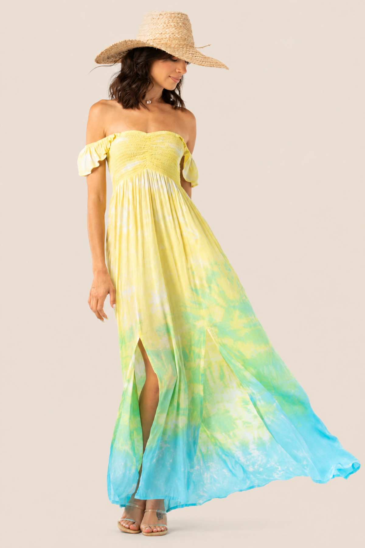 Vestido largo Tiare Hawaii Hollie en tonos amarillo y verde con caída vaporosa y estampado degradado ideal para looks frescos y elegantes