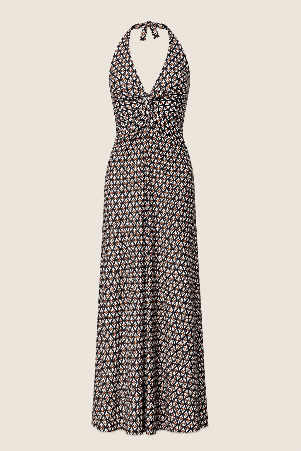 Vestido largo estampado geométrico Geo Nero con diseño cruzado y escote en V ideal para eventos y looks sofisticados modernos