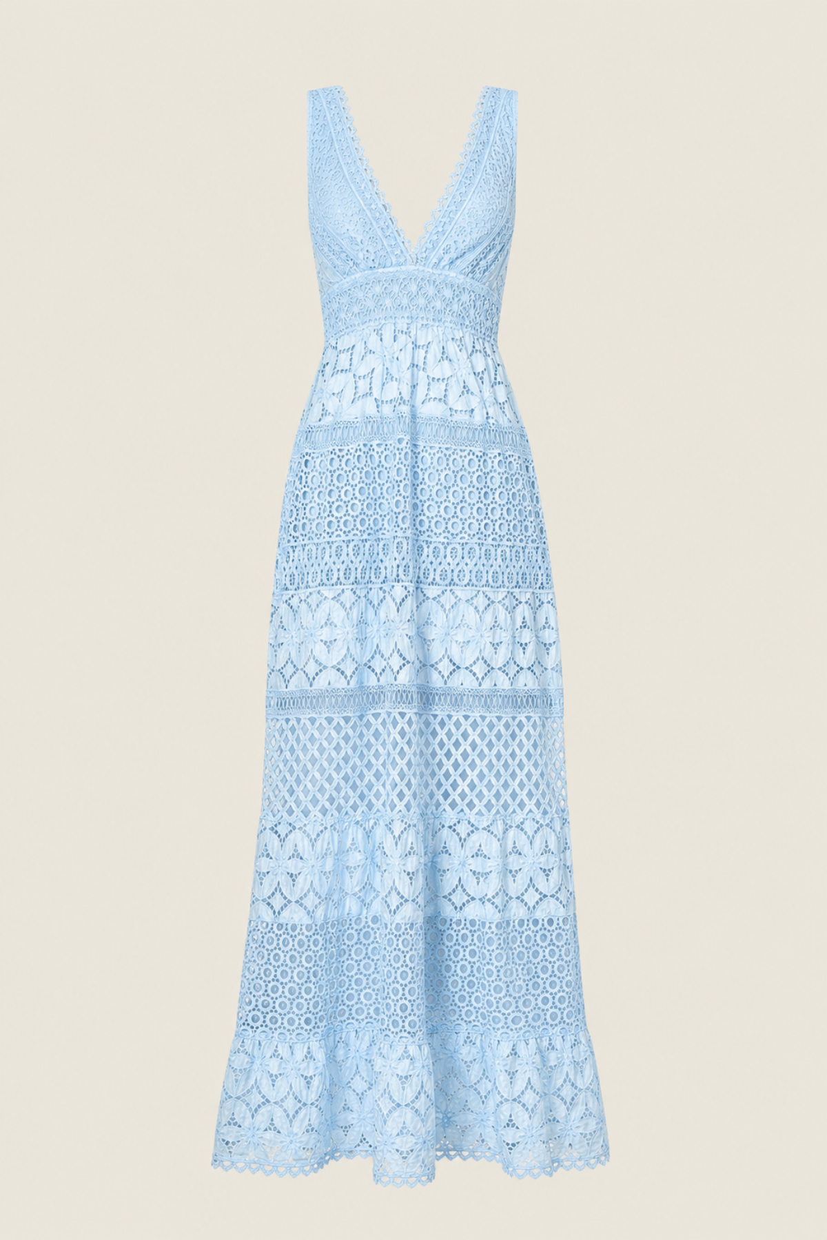 Vestido largo azul cielo Alpinia con escote cruzado y volantes elegantes ideal para invitada de boda y eventos de verano sofisticados