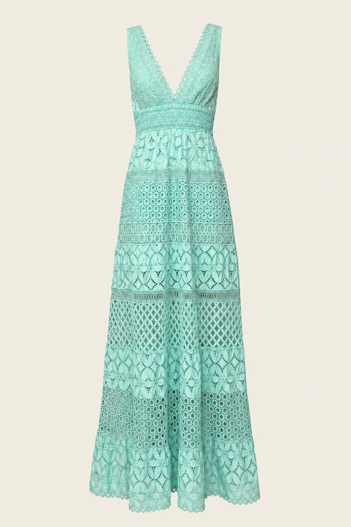 Detalle vestido largo teal con escote cruzado y tejido de algodón ligero elegante y fresco
