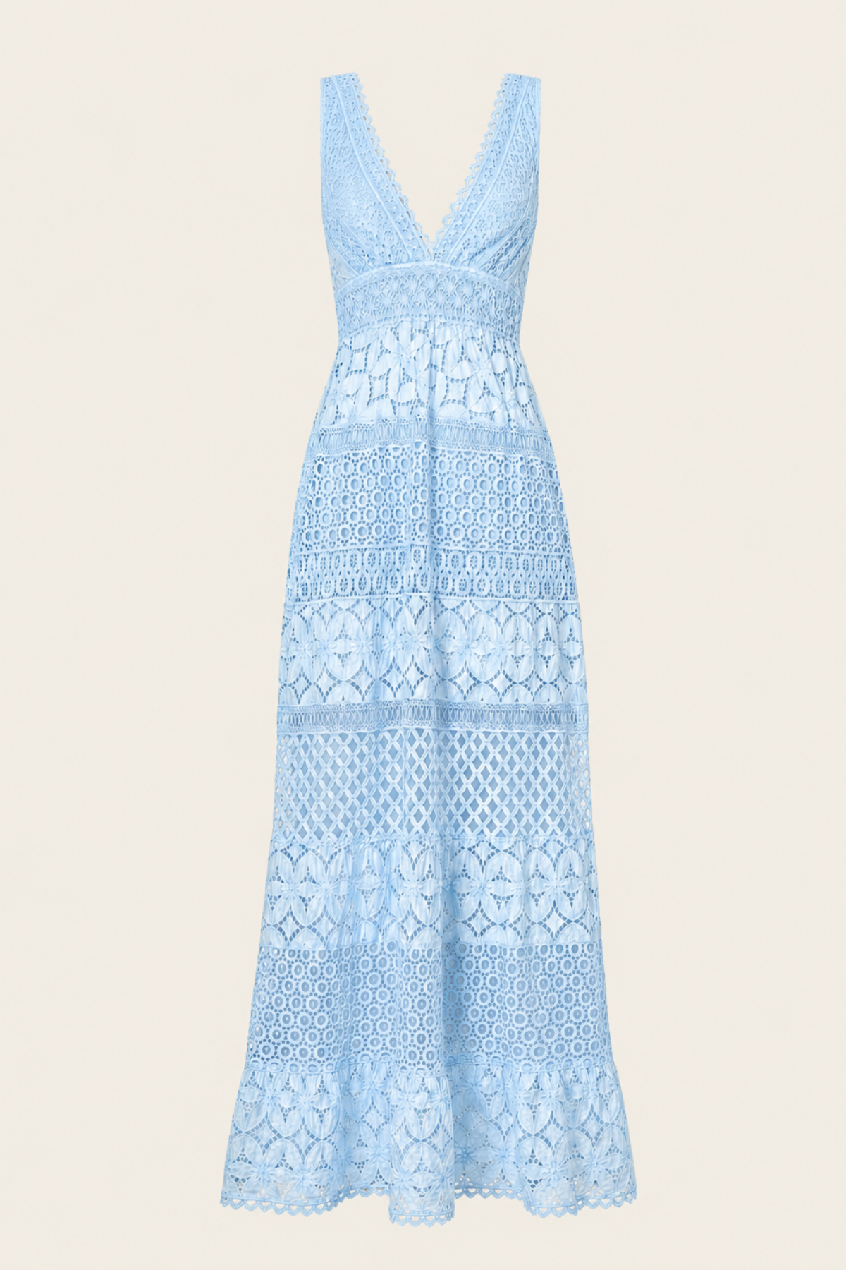 Vestido largo azul cielo Alpinia con escote cruzado y volantes elegantes ideal para invitada de boda y eventos de verano sofisticados