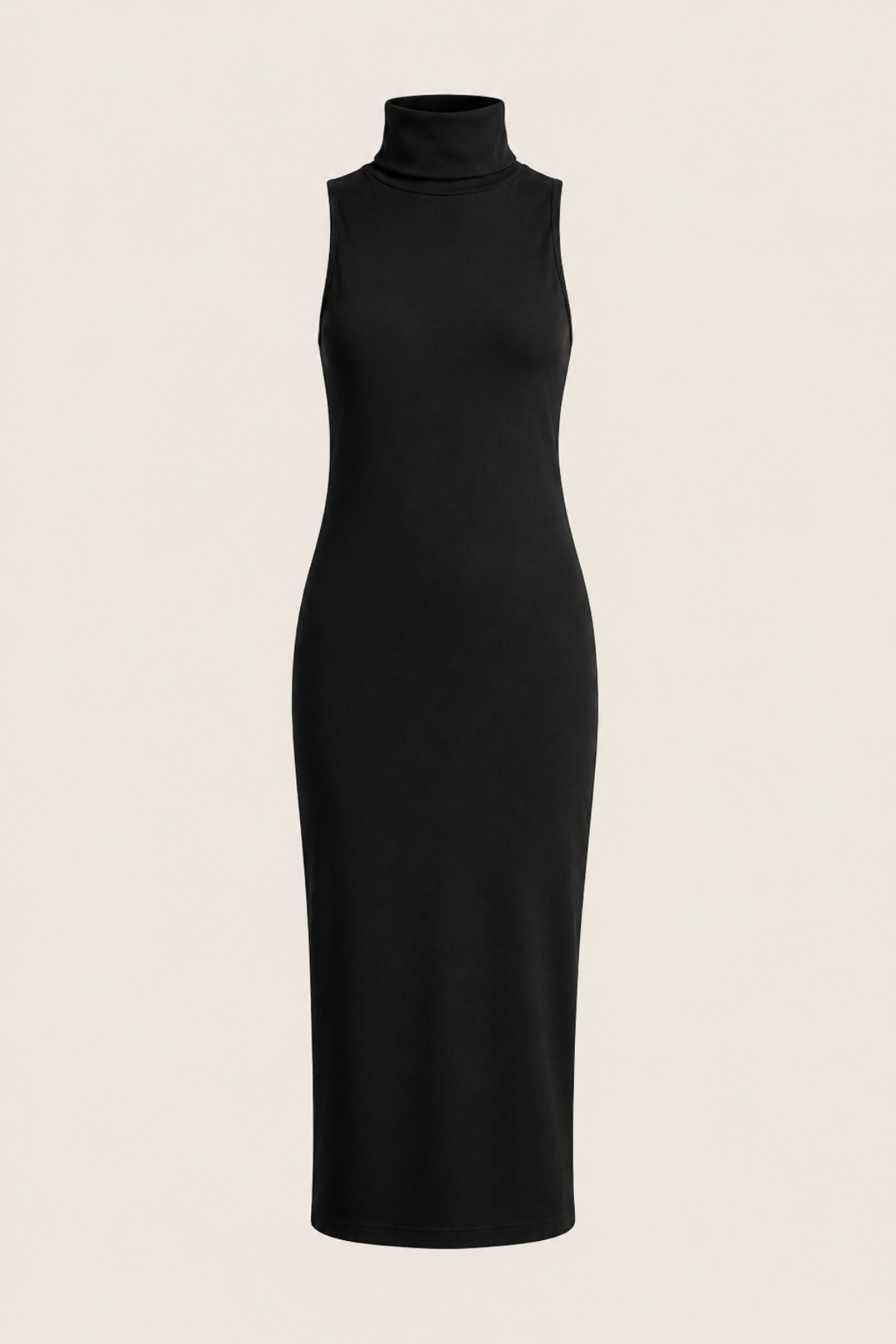 Vestido Midi en color negro, cuello de alto, sin mangas y corte recto. El vestido negro prefecto.