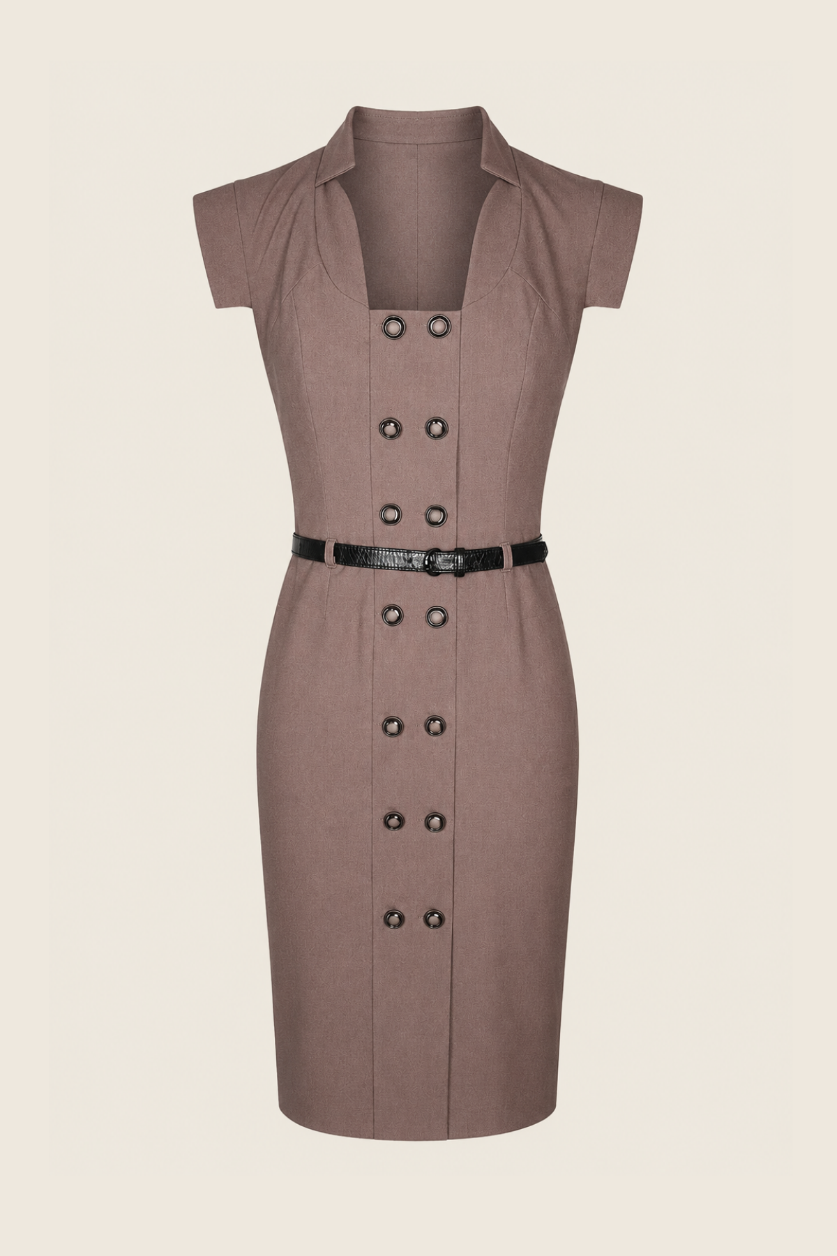 Vestido midi Black Halo Francine Tailored en marrón, con falso abotonado, cremallera lateral oculta y mangas casquillo, exhibido en maniquí sobre fondo blanco
