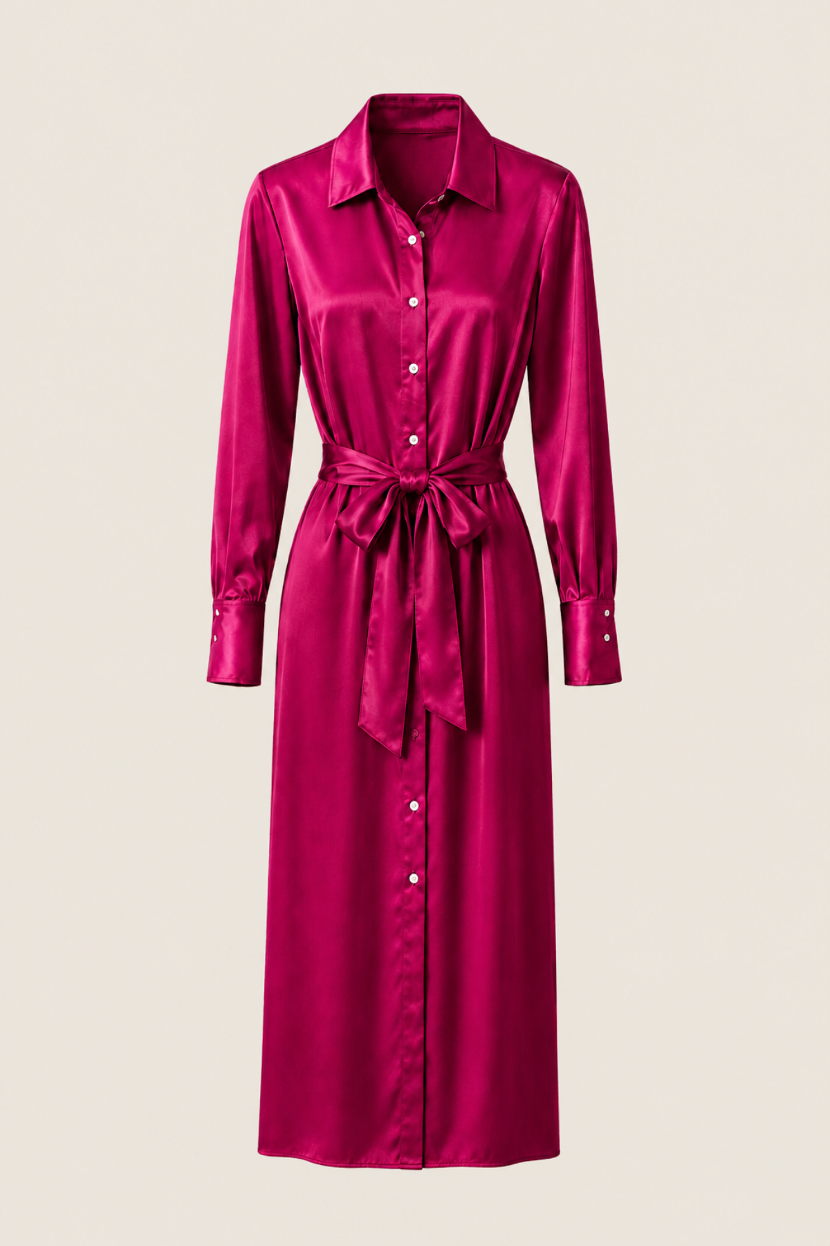 Vista frontal del vestido midi Victoria Burgundy colgado en percha sobre fondo blanco destacando el diseño elegante y detalles del tejido