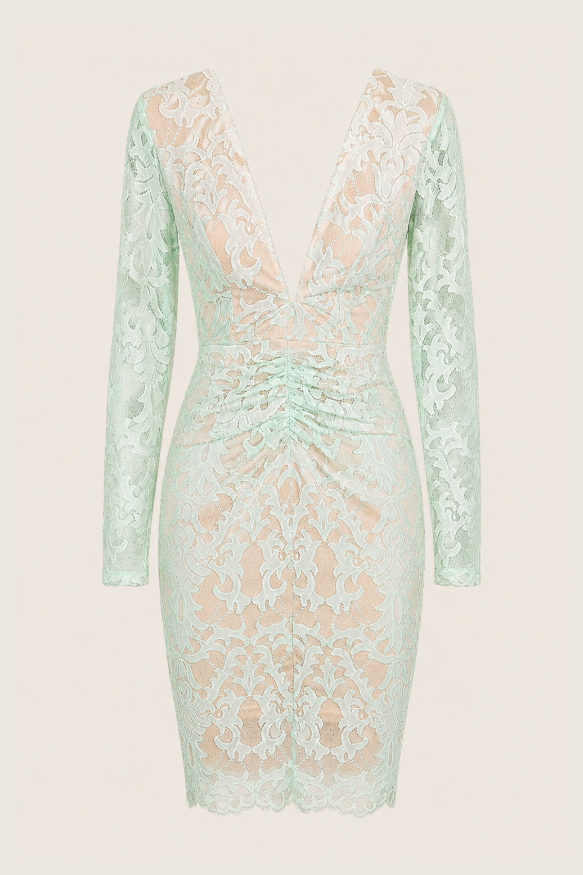 Vista completa del vestido midi Angel Biba en verde menta sobre fondo neutro mostrando silueta y textura de encaje