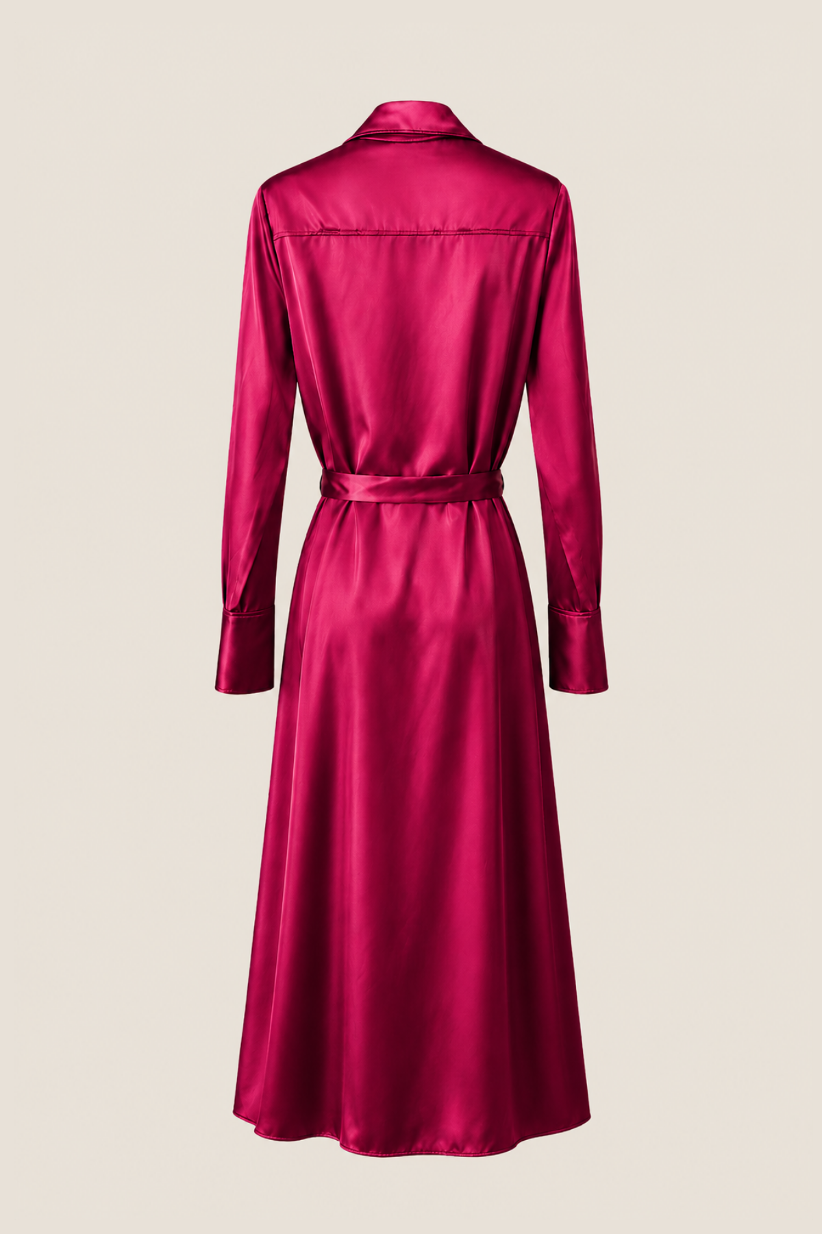 Vista trasera del vestido midi Victoria Burgundy colgado en percha sobre fondo blanco mostrando el corte y detalles del diseño