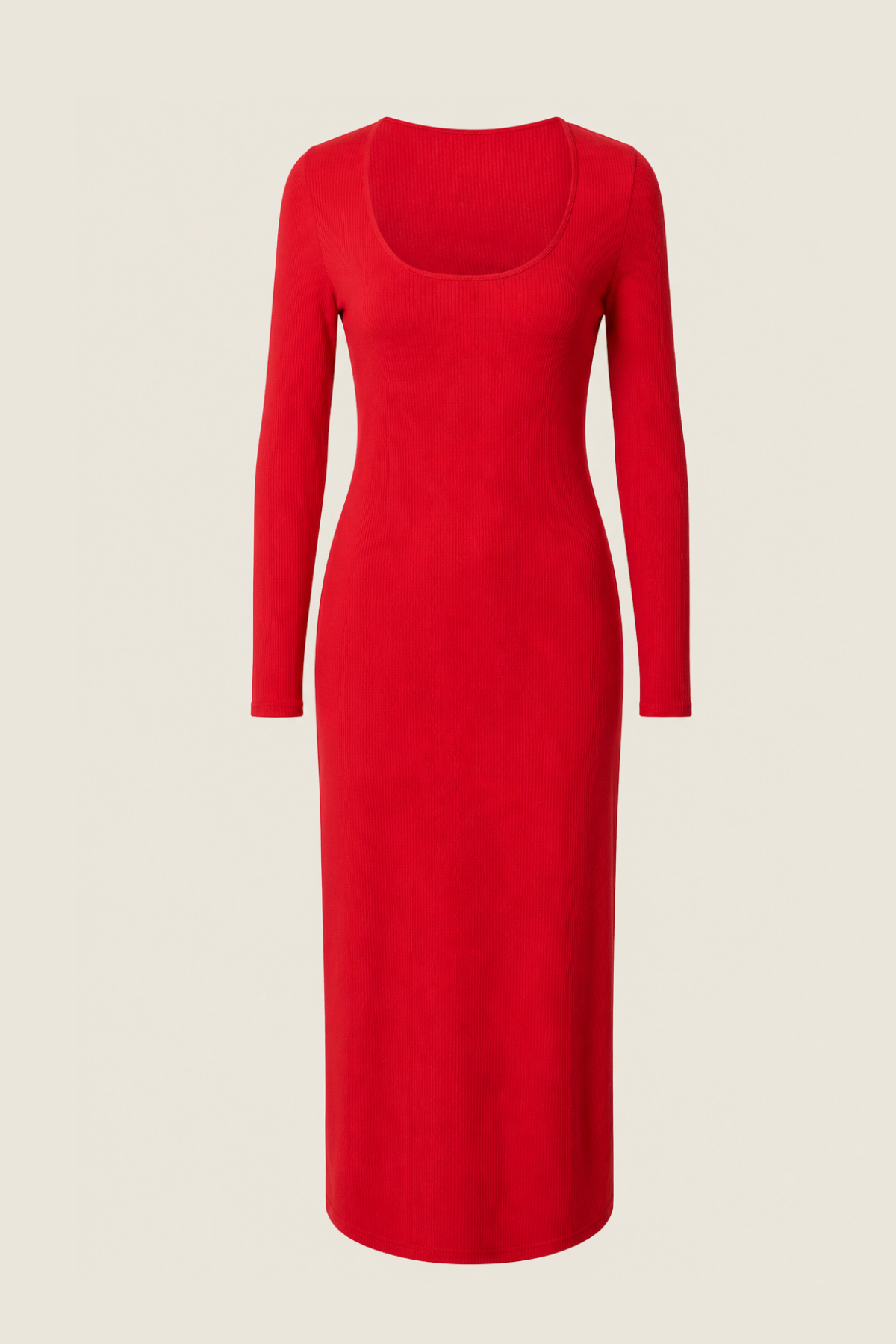 Vestido midi Vila Red Ribbed en color burdeos sobre fondo blanco, mostrando su diseño entallado y textura de canalé elegante